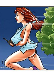 Splendid full-figured redhead is going wild in a black sex cartoon